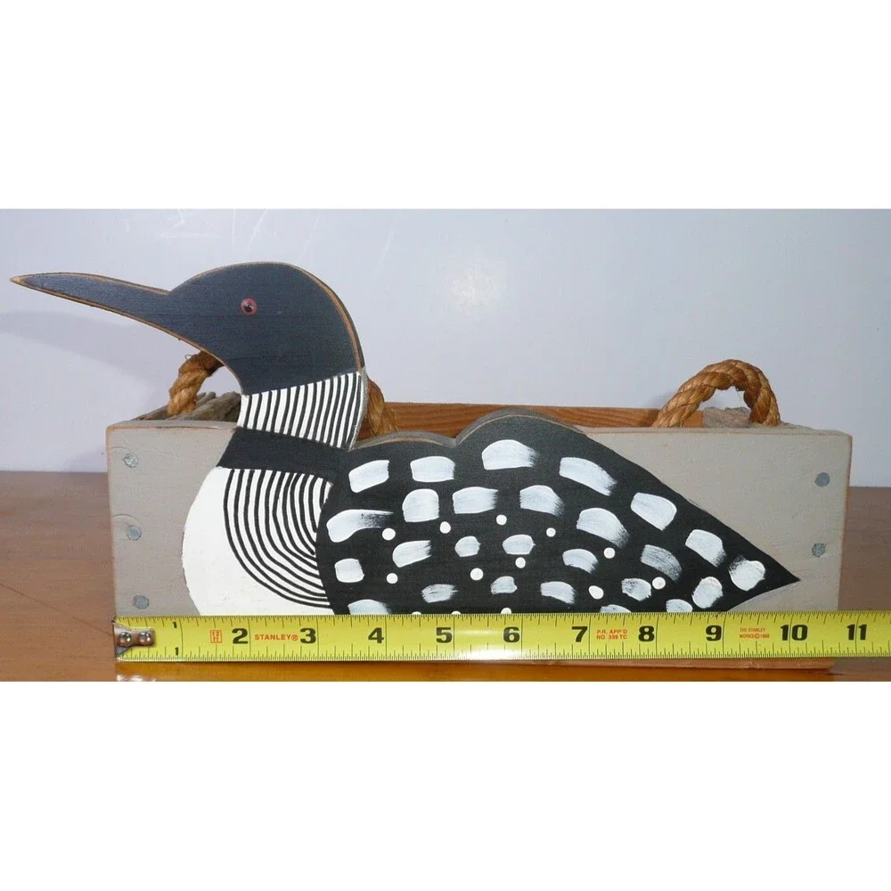 Rustic Hand Painted Wood Loon Bird Crate Box With Rope Handle Small Duck
